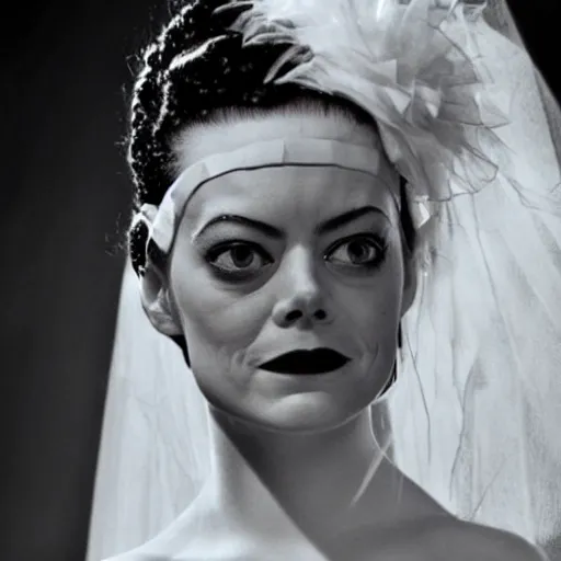 Prompt: emma stone as the bride of frankenstein, universal, movie, photography, portrait, beautiful,