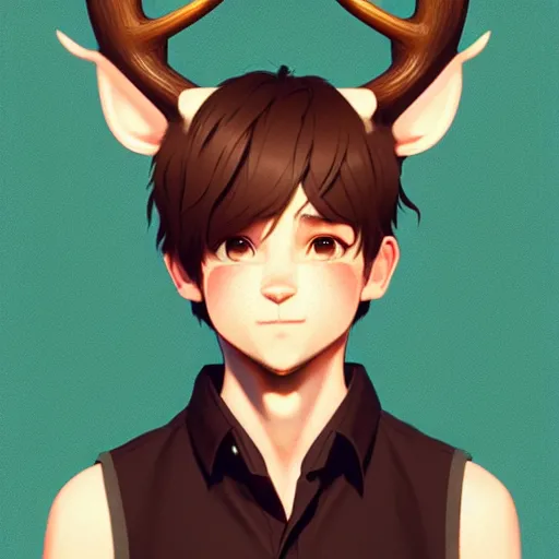 Image similar to character design portrait of a kind anthropomorphic furry deer man with deer ears, short brown hair, wearing a shirt, looking at the camera, 4 k, concept art, by wlop, ilya kuvshinov, artgerm, krenz cushart, pixiv.