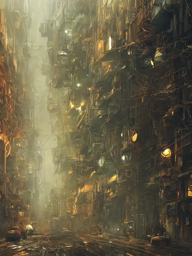 Prompt: steampunk futuristic street, hanging cables, narrow, garbage on the ground. rain. fog, haze, evening. led screens. golden hour. volumetric lighting. cables on the ground. very messy. futuristic. photorealistic. artstation. anime. studio gimbli style