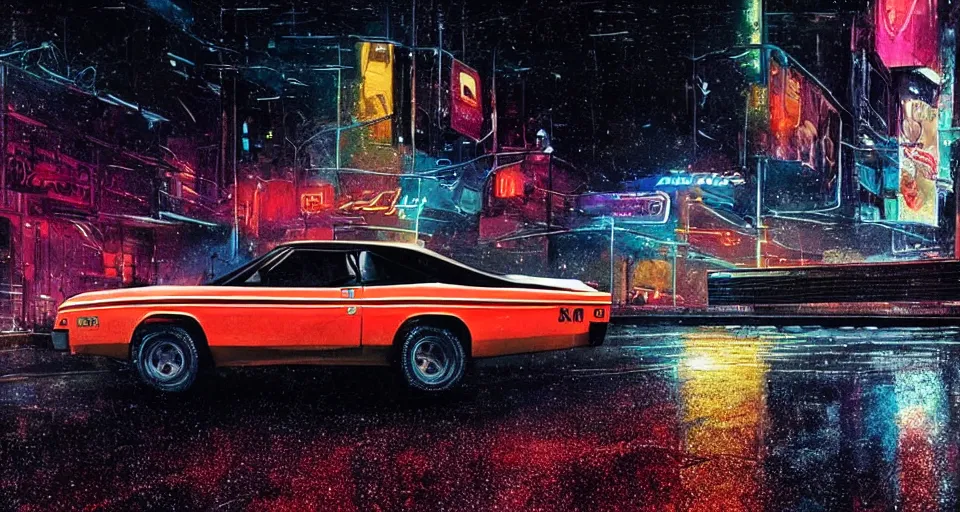Prompt: close up macro shot of a 1 9 7 3 ford xb falcon gt car on wet city street at night, intricate, hyper detailed, smooth, high contrast, neon, volumetric lighting, octane, moebius, greg rutkowski, blade runner, ripley scott, cindmatic