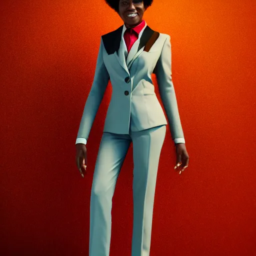Image similar to professional portrait photo of a humanoid african american, digital - art woman with a suit super hero, very sharp and detailed, octane render