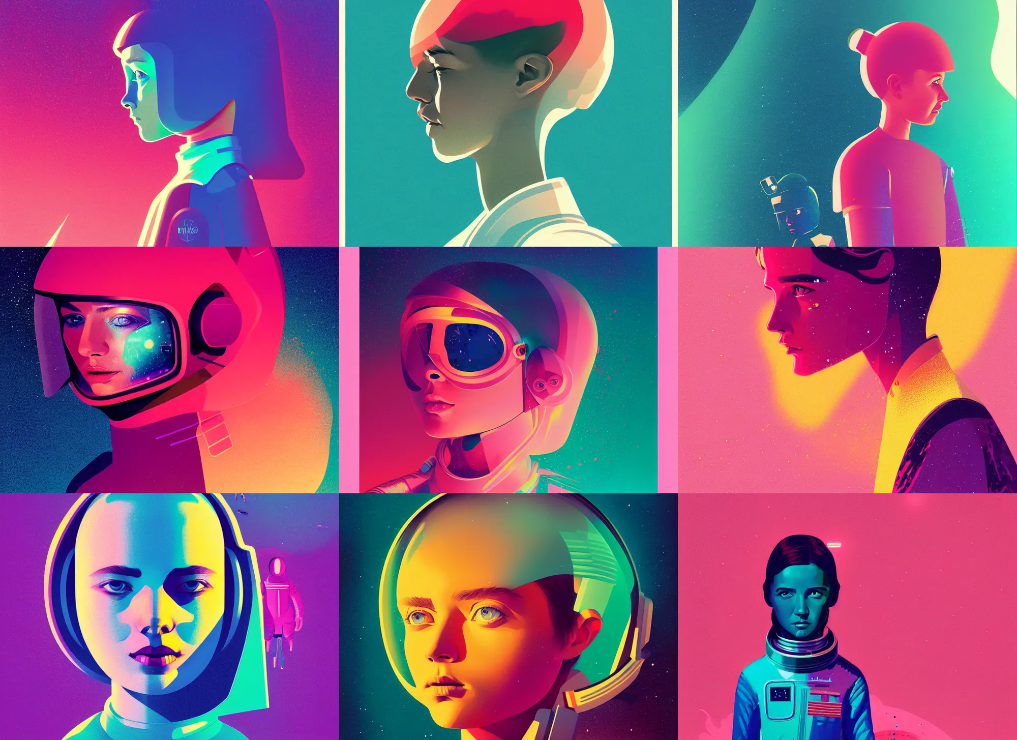 Prompt: ( ( dither ) ), editorial illustration portrait of a young astronaut girl, colorful modern, mads berg, karolis strautniekas, christopher balaskas, fine texture, dynamic composition, detailed, matte print, dynamic perspective, muted color, lomography, ( ( risograph ) )