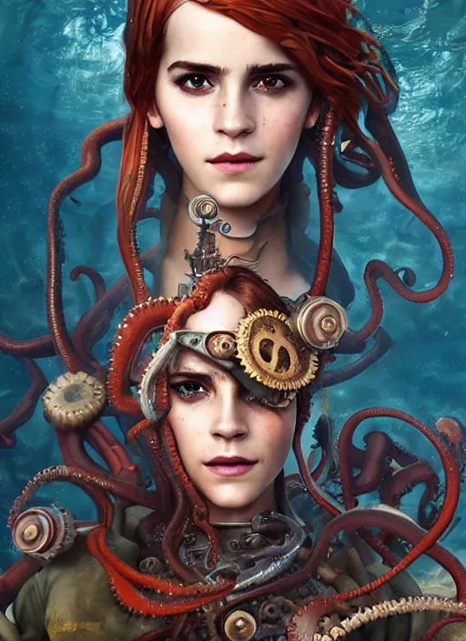 Prompt: underwater steampunk pirate portrait of emma watson, red hair, octopus, hyper detailed, digital art, cinematic lighting, studio quality, smooth render, unreal engine 5, octane rendered, art style by klimt and nixeu and ian sprigger and wlop and krenz cushart.