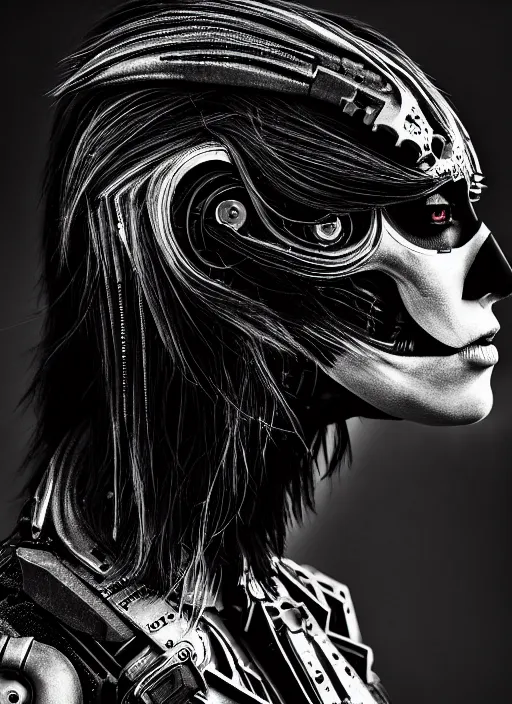 Image similar to a profile portrait, a stunning young mutant cyborg - crow woman, editorial photography, bw, shot on 7 0 mm, depth of field, f / 2. 8, high contrast, 1 6 k, volumetric lighting, shiny, insanely detailed and intricate, hypermaximalist, elegant, ornate, hyper realistic, super detailed