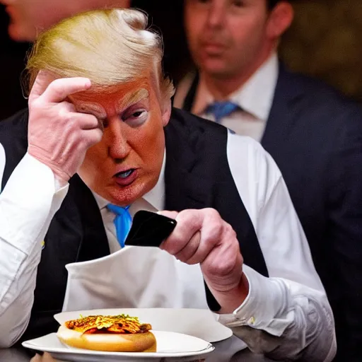 Image similar to donald trump stting at a restaurant table eating a cheeseburger with his mouth wide open, paparazzi photo