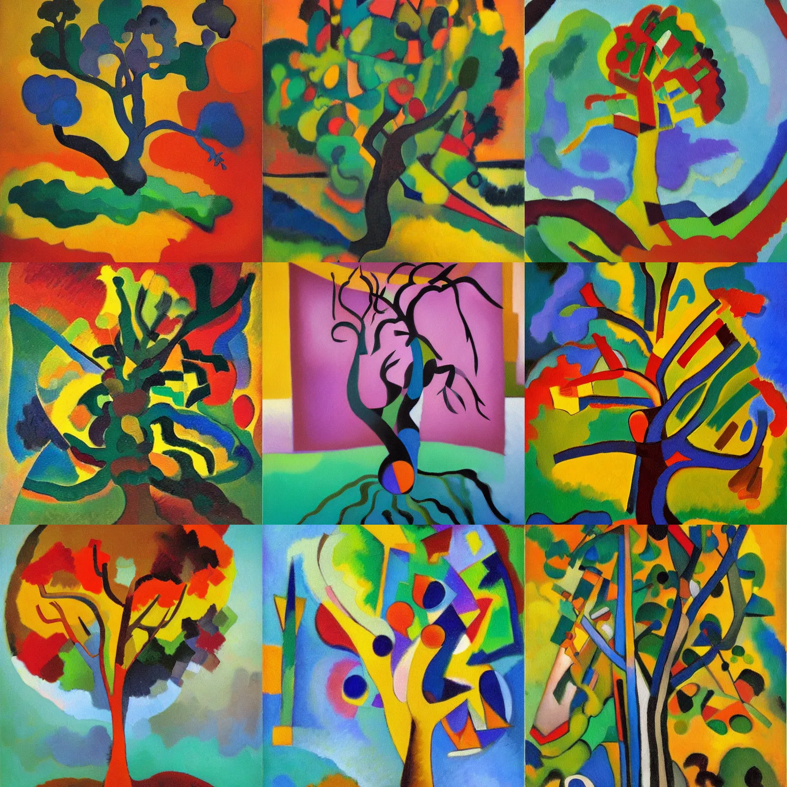 Prompt: abstract oil painting of a tree by vasili kandinski