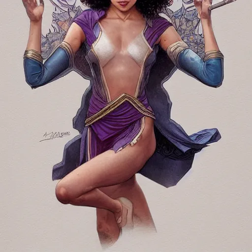 Image similar to full figure ultra realistic illustration, madeleine mantock from charmed second re run, as marvel enchantress, intricate, elegant, highly detailed, digital painting, artstation, concept art, smooth, sharp focus, illustration, art by artgerm and greg rutkowski and alphonse mucha