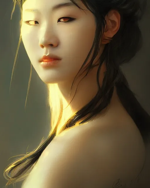 Image similar to Misaki Ito, gorgeous, portrait, powerful, intricate, beautiful, masterpiece, elegant, volumetric lighting, back lighting, rimlight, dramatic lighting, digital painting, highly detailed, artstation, sharp focus, illustration, Artgerm, Jean-Léon Gérôme , ruan jia