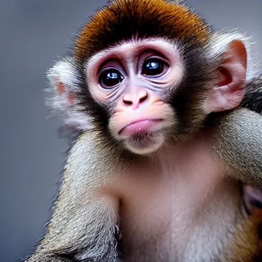 Prompt: cute baby monkey looking up questioningly, yearbook photo