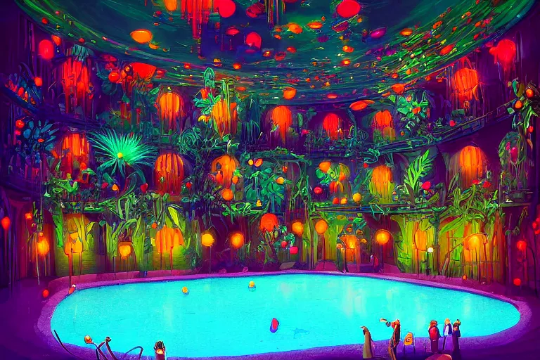 Prompt: pool inside a ornated dark room, colorful lights, sparkles, magical botanic, by malika favre