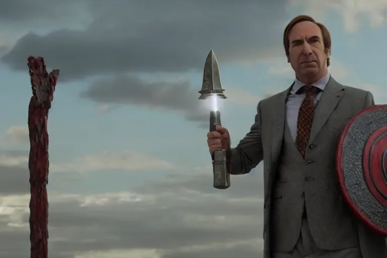 Image similar to saul goodman wearing thor's outfit holding mjolnir., cinematic, dramatic, color grading, photojournalism, highly detailed