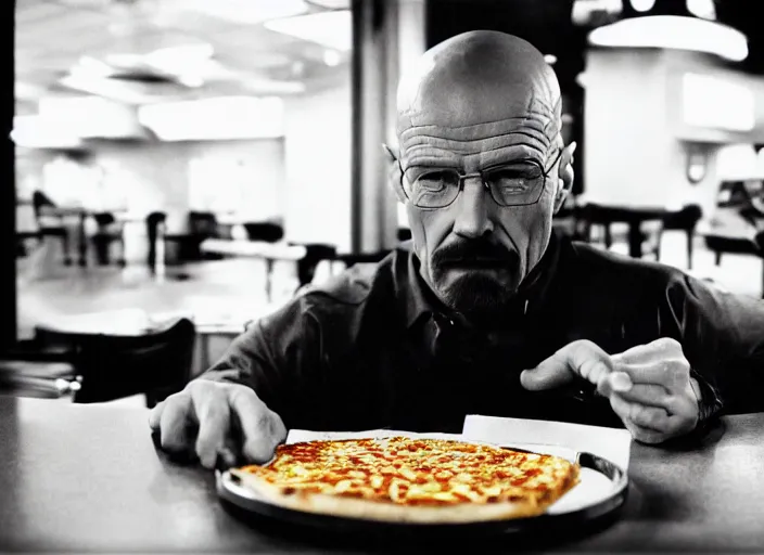 Prompt: portrait of walter white eating pizza at chuck - e - cheese with sloppy cheesy sauce getting slopped up all over the place, dramatic lighting, moody film still from breaking bad ( 2 0 1 1 ), 3 5 mm kodak color stock, 2 4 mm lens, directed by rian johnson, ecktochrome