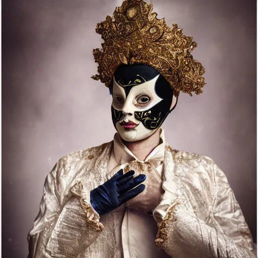 Prompt: portrait of a male dancer with a beautiful porcelain face dressed in a venecian mask, gloves on spread hands, rain, bokeh, cinematic light and reflections, beautiful dreamy lighting, ernst haeckel, annie leibovitz, zbrush,