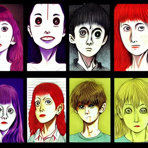 Image similar to junji ito manga characters colorful