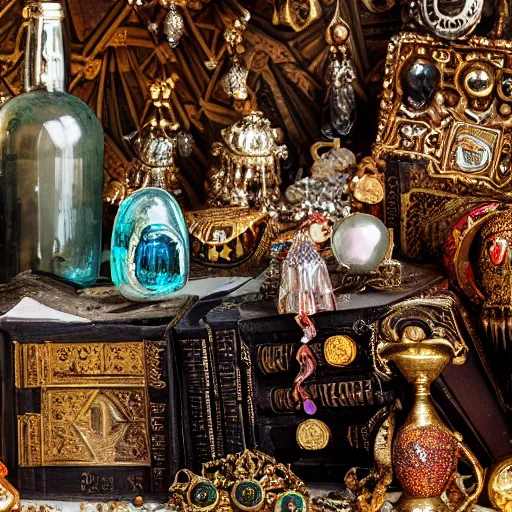 Prompt: dramatic photo of an ancient dark byzantine cave interior, ornate blown glass bottle on a pile of crystals, books covered in jewels, ornate, surrounded by strange crystals and treasure, full of sand and glitter, Byzantine, cinematic, jewels, 35mm lens