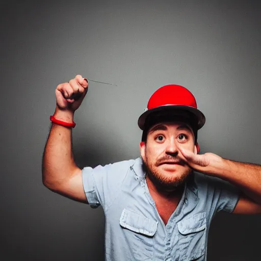 Image similar to a man dressed like a plumber with a red hat fish eye lens image