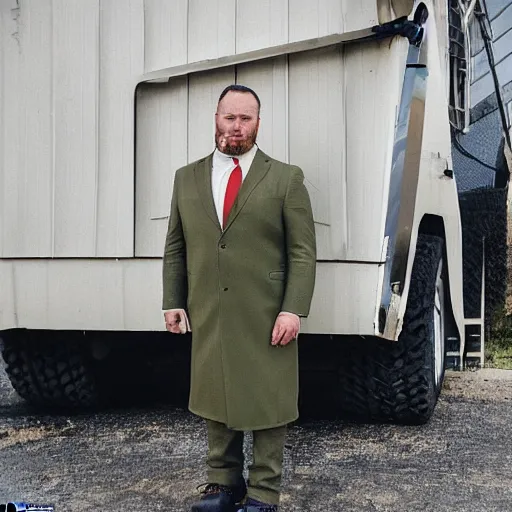 Image similar to the chubby white man stood patiently on the trailer lot, his legs spread apart, wearing an olive green overcoat, dark gray chalk stripe three-piece suit, a blue dress shirt with white cuffs and collars, a midnight blue necktie, and a pair of dirty wheat Timberland work Boots