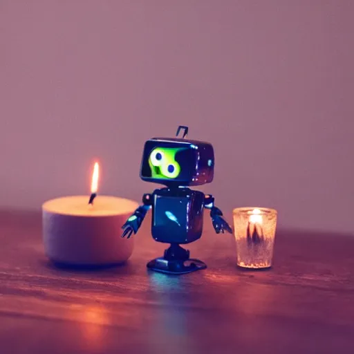 Image similar to a cute little robot sitting on a pen with a lit candle in the background by maxvanzwerg