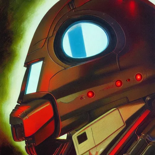 Image similar to a dark and colorful close - up side profile portrait of a sci - fi mecha robot with led lights glowing fog in the background. highly detailed science fiction painting by norman rockwell, frank frazetta, and syd mead. rich colors, high contrast, gloomy atmosphere, dark background. trending on artstation