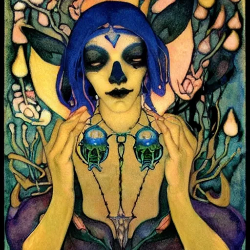 Prompt: the bone crown, by Annie Swynnerton and Nicholas Roerich and (((Diego Rivera))) and (((Edmund Dulac))), bioluminescent skin, floral tattoos, goth, iridescent beetles, elaborate costume, geometric ornament, symbolist, rich colors, dramatic lighting, smooth, sharp focus, extremely detailed