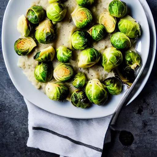 Image similar to brussel sprouts on white gravy , mashed potatoes, Michelin star, award winning