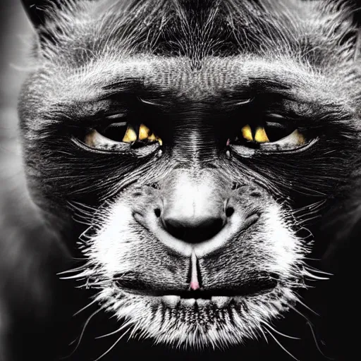 Image similar to a feline cat - chimpanzee - hybrid, animal photography