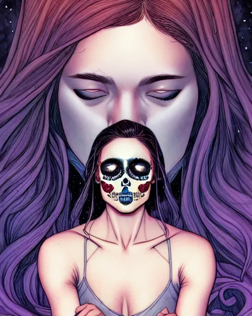 Prompt: comic cover art of a beautiful girl with tears in her eyes, skulls in the background, illustration by jenny frison and sana takeda, intricate details, stunning inking lines, stunning gradient colors, 4 k, hd, artstation, award winning