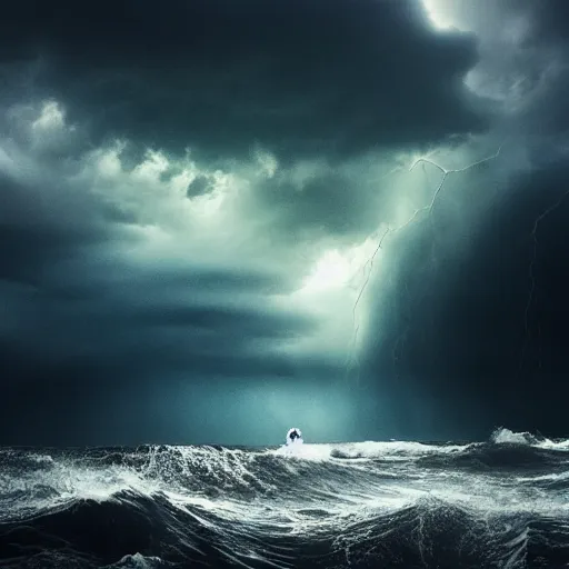 Image similar to gigantic skyscaper standing alone in a giant sea, storm, thunder, dark, art