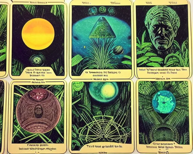 Prompt: 1968 science fiction tarot cards, cut out, classic mayan mythology, break of dawn on Venus, epic theater, deep jungle texture, aquatic plants, drawings in style of Terry Gilliam, composition William S Boroughs, written by Michael Ende