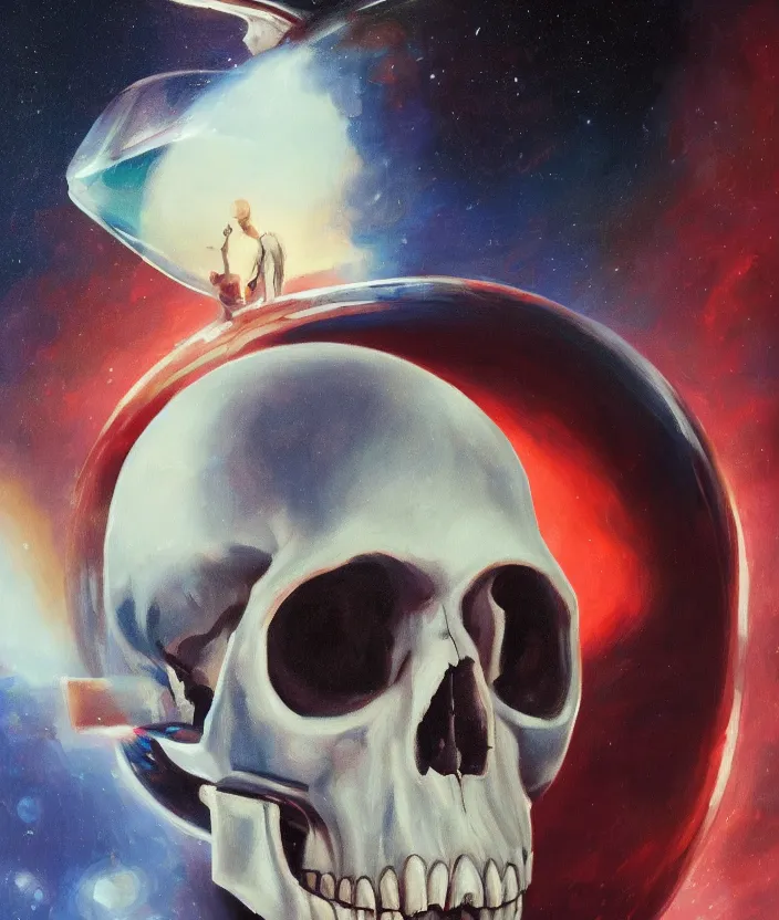 Image similar to a portrait of an astronaut with a skull head standing in front of the entrance to ethereal realm, cinematic and highly detailed oil painting by josep tapiro baro and edward hopper, trending on artstation, oil painting masterpiece, symmetry, mysterious, very aesthetic, cinematic and dramatic red light, 4 k,