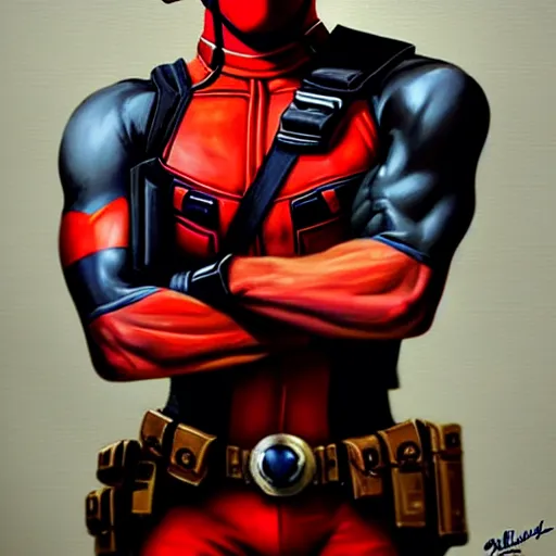 Image similar to Greg Manchess portrait painting of Deadpool as Overwatch character, medium shot, asymmetrical, profile picture, Organic Painting, sunny day, Matte Painting, bold shapes, hard edges, street art, trending on artstation, by Huang Guangjian and Gil Elvgren and Sachin Teng