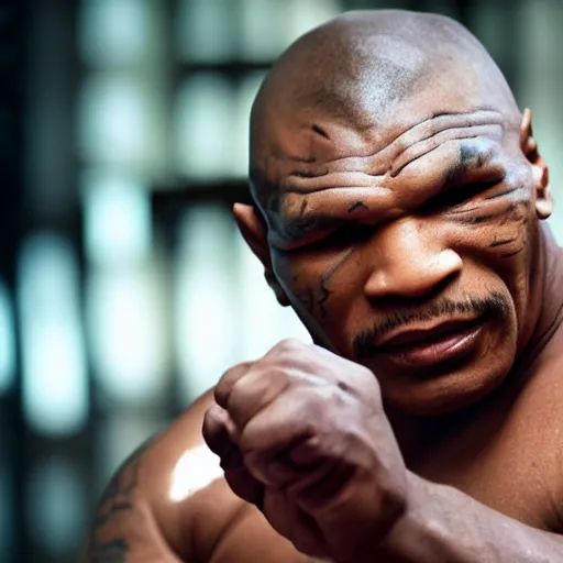 Image similar to a cinematic film still of Mike Tyson holding a Piegeon, 40mm lens, shallow depth of field, close up, split lighting, cinematic