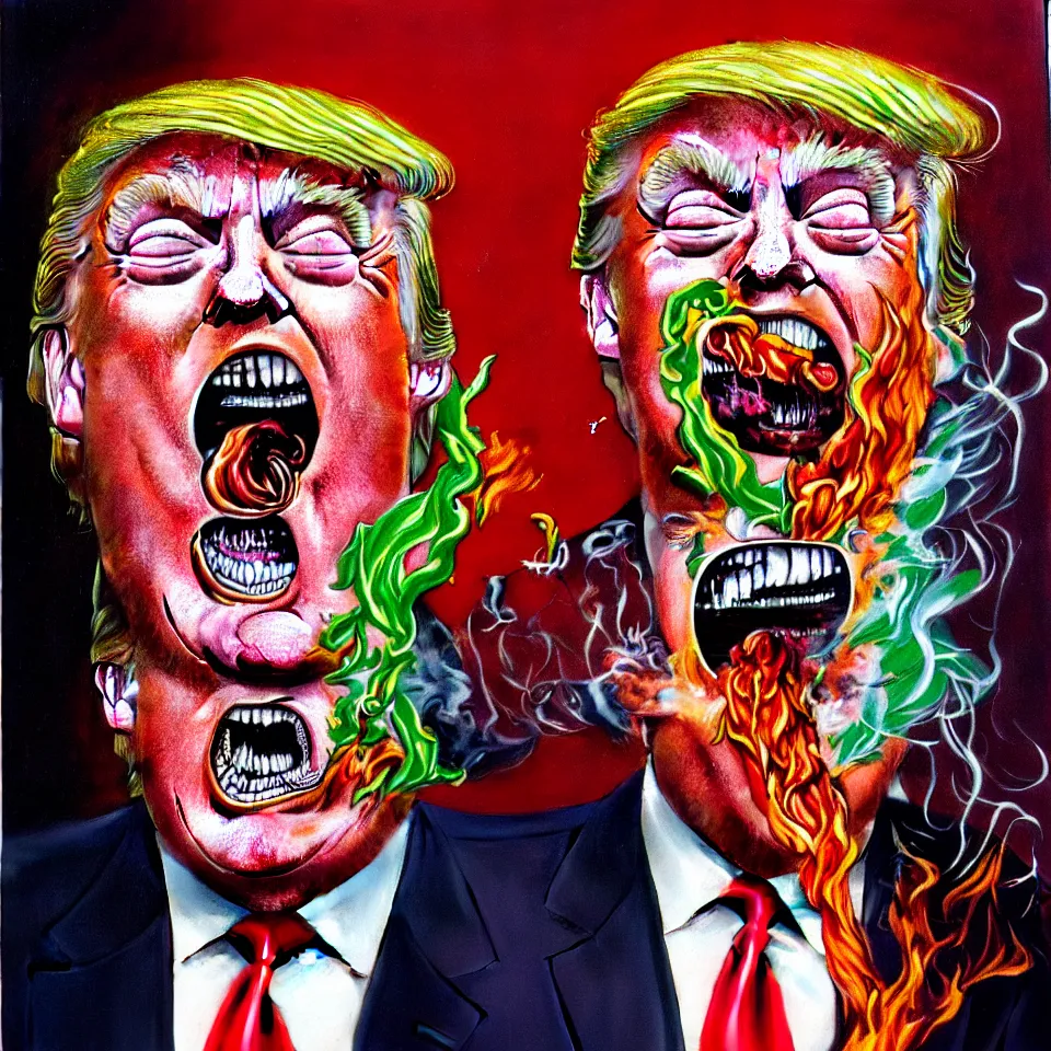 Prompt: weird and disturbing psychedelic donald trump smoking weed, laughing and screaming, ash burned on his face, horrible burns, diffuse lighting, fantasy, intricate, elegant, highly detailed, lifelike, photorealistic, oil painting, illustration, concept art, smooth, sharp focus, art by francis bacon