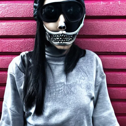 Image similar to very cool girl brilliant silver hair girl with a skull shaped ballistic face mask streetwear techwear cyberpunk style outfit full body nose piercing detailed portrait intricate comp