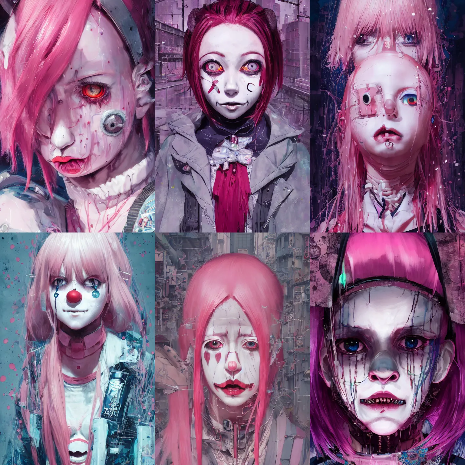 Image similar to by kyoto animation, very creepy clown girl pink hair, tears from the eyes, wearing cyberpunk intricate streetwear, beautiful, detailed portrait, intricate complexity, ilya kuvshinov, cell shaded, 4 k, concept art, by wlop, ilya kuvshinov, greg rutkowski, sharp focus, volumetric lighting, cinematic lighting