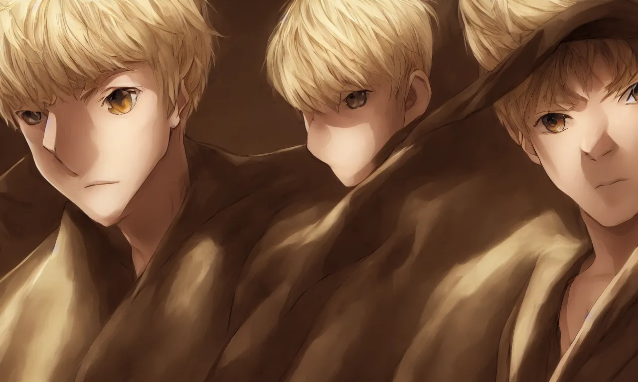 Prompt: blonde boy with golden eyes wearing a brown cape, anime screenshot, mappa studio artstyle, hyper realistic, pale skin, 4 k, rule of thirds, extreme detail, detailed drawing, trending artstation, hd, fantasy, realistic lighting, sharp focus, backlit