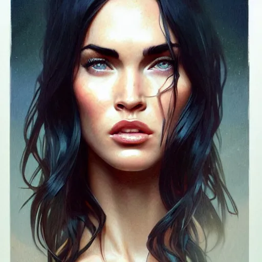 Image similar to Megan Fox , highly detailed, digital painting, artstation, concept art, sharp focus, illustration, art by greg rutkowski and alphonse mucha