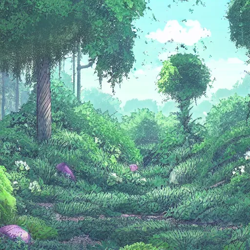 Prompt: a forest clearing with lush flora in the style of studio ghibli, anime