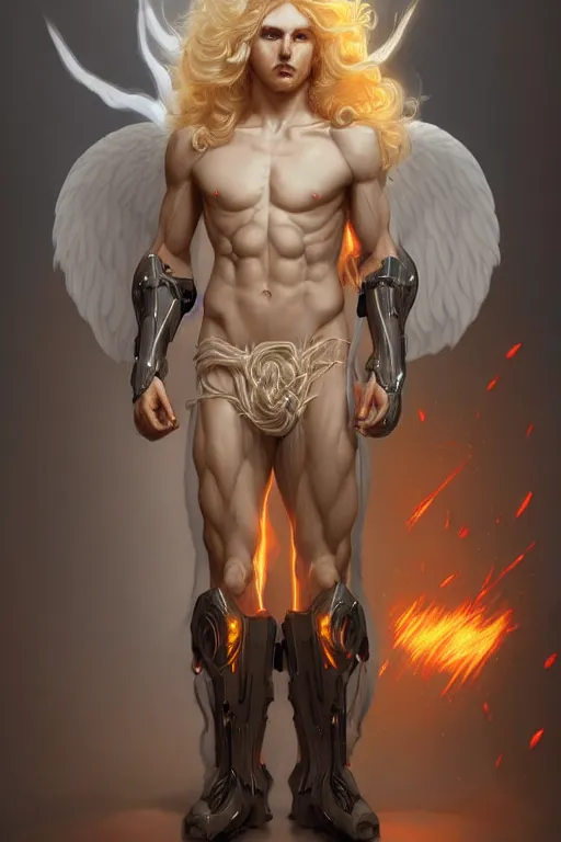 Prompt: digital art of a pale menacing male Cyborg Angel of Battle with fluffy blond curls of hair and piercing eyes, central composition, he commands the fiery power of resonance and wrath, very very long blond curly hair, baroque curls, by WLOP, Artstation, CGsociety