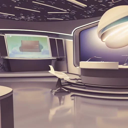 Image similar to futuristic news studio, concept art, wide lens, cinematic composition, architecture, iterior