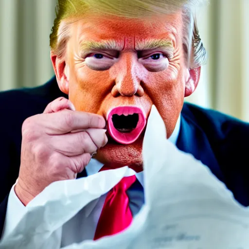 Image similar to candid portrait photo of president trump at his desk eating crumpled up papers shoving them in his mouth, detailed portrait, 4 k, megapixel, sony a 7 s, f / 8, 2 4 mm lens