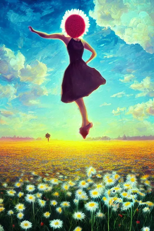 Image similar to giant white daisy flower as head, girl dancing in a flower field, surreal photography, sunrise, dramatic light, impressionist painting, colorful clouds, digital painting, artstation, simon stalenhag