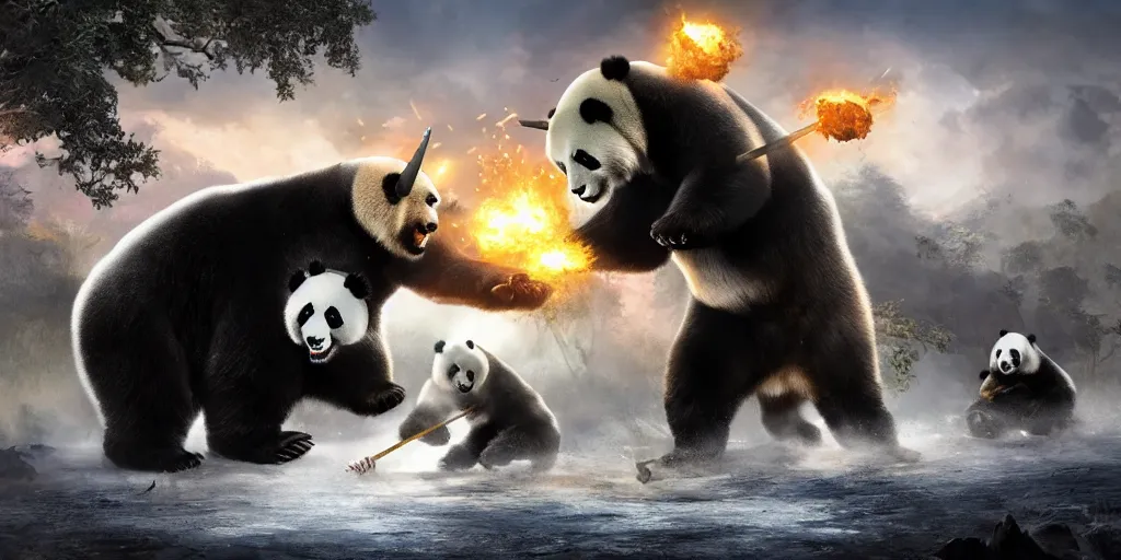 Image similar to giant pandas fighting vs magic unicorns, fantasy apocalypse, digital art, epic battle, unreal engine 5, 4 k,