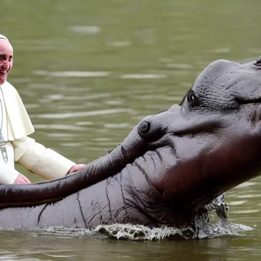 Prompt: pope francis rides a hippo against the army of mordir