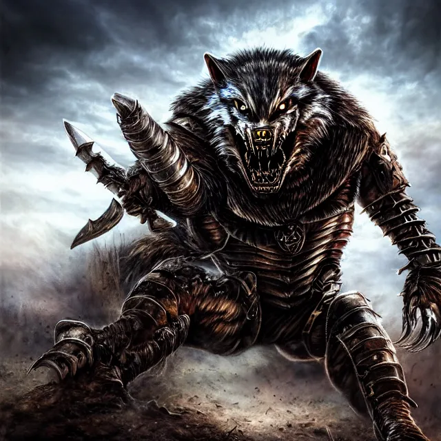 Image similar to armoured werewolf warrior, 4 k, hdr, smooth, sharp focus, high resolution, award - winning photo, anne stokes, photorealistic