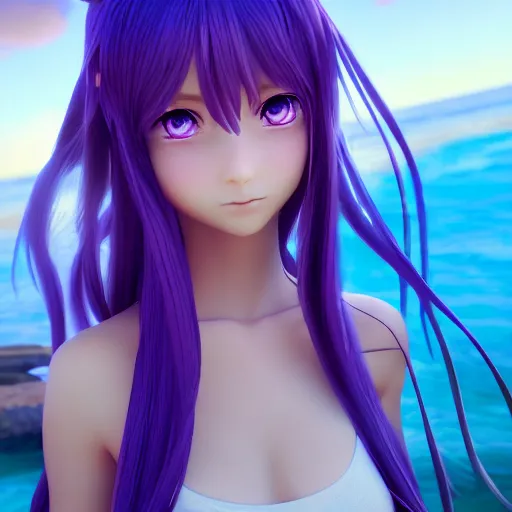 Prompt: render as a very beautiful 3d anime girl, long braided purple hair, azure blue eyes, full round face, round body, short smile, casual clothes, serene beach setting, cinematic lightning, medium shot, mid-shot, highly detailed, trending on Artstation, Unreal Engine 4k, cinematic wallpaper