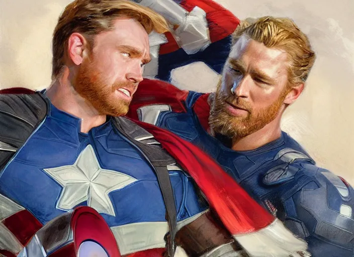 Image similar to a highly detailed beautiful portrait of captain america and thor sharing a moment, by gregory manchess, james gurney, james jean