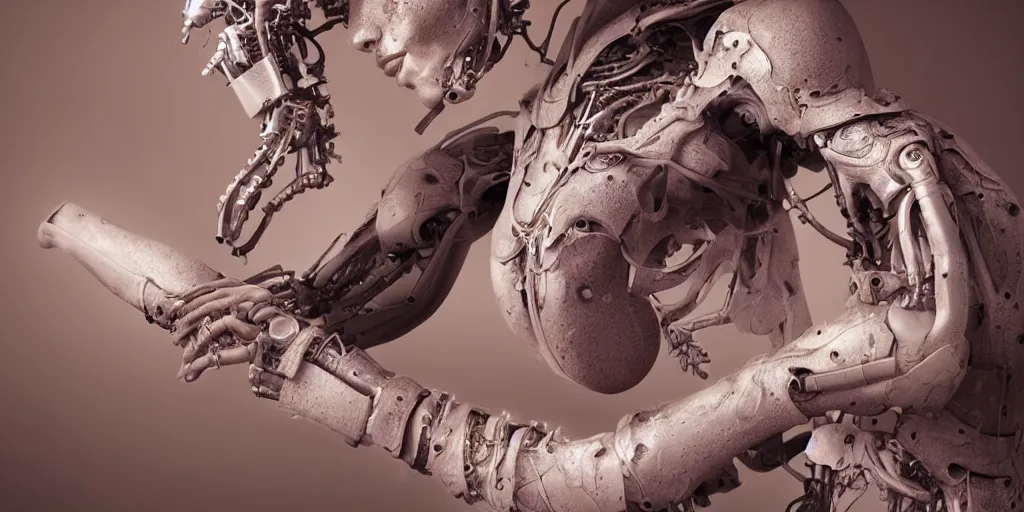 Image similar to hyperrealistic photography of a stunningly beautiful cyborg female, mechanical elbow, plated arm, intimate, holding hands, in the style of beth cavener, jin kagetsu,, and wlop, highly detailed, intricate, face symmetry, masterpiece, award - winning, sharp focus, concept art, high key, ambient lighting, 8 k, octane render, artstation