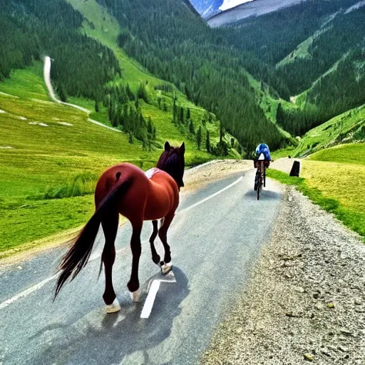 Image similar to horse on bicycle!, cycling!!, anthropomorphic!!, in the mountains, award winning photo,