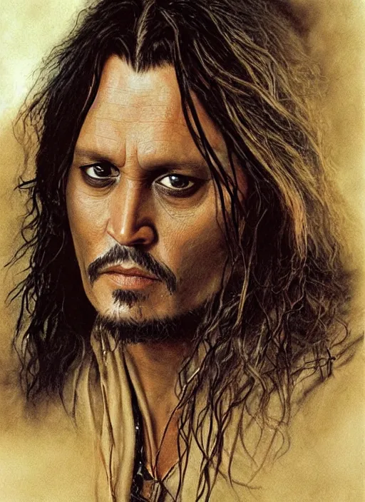 Image similar to johnny depp as aragorn, character painting by alan lee and john howe, at sunset, concept art, matte painting